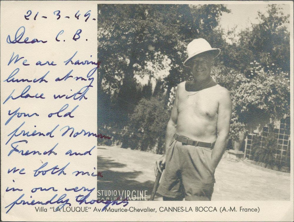 Lot 190: Maurice Chevalier signed postcard with a photograph of...