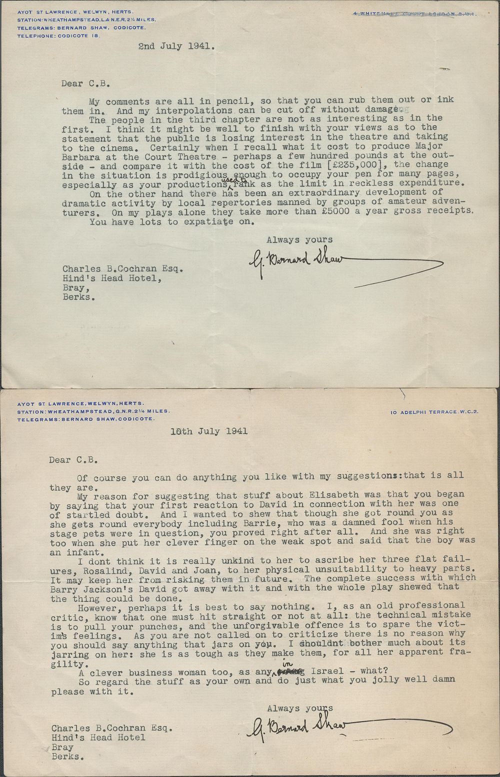 Lot 192: George Bernard Shaw typed letters to Charles Cochran...