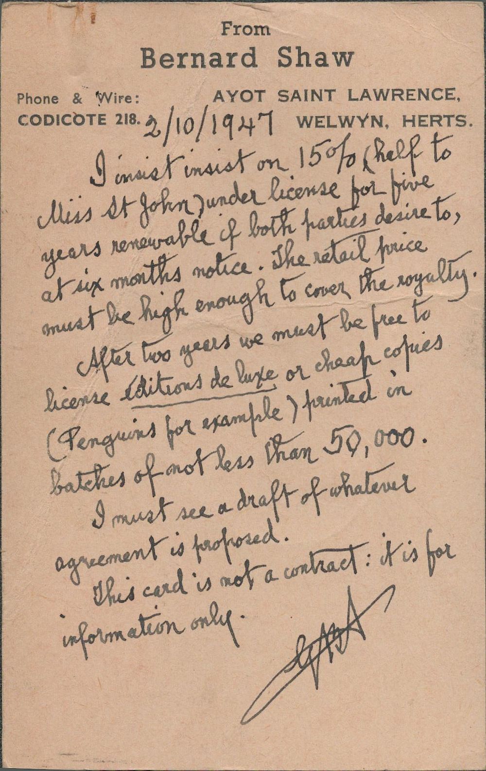 Lot 205: George Benard Shaw signed handwritten personalised postcard sent...