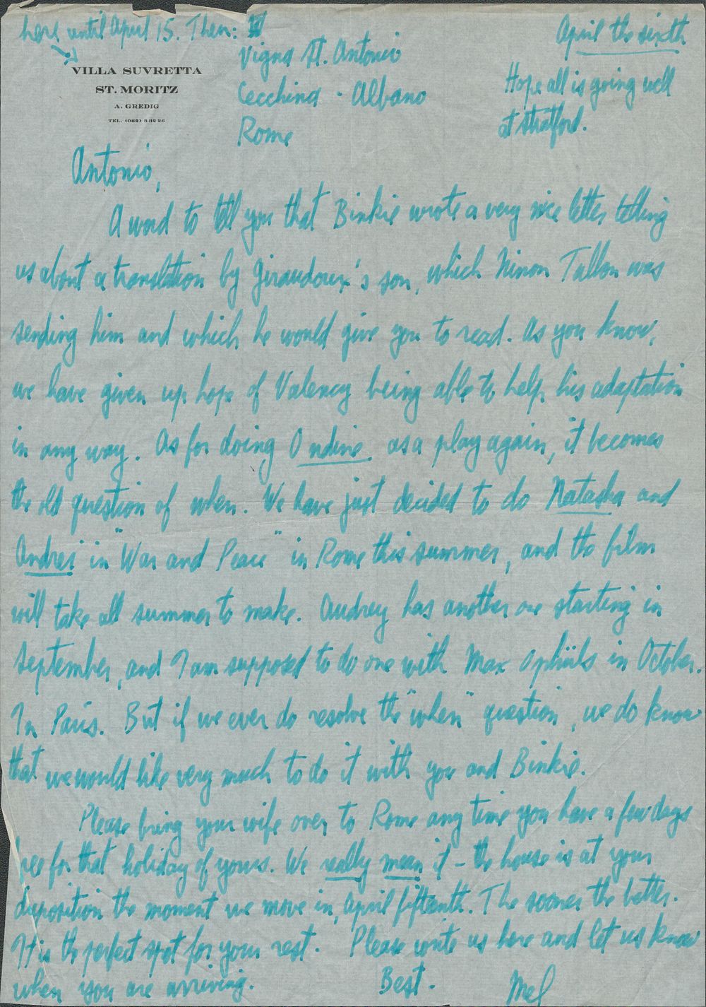 Lot 351: Mel Ferrer American Actor and Director signed handwritten...