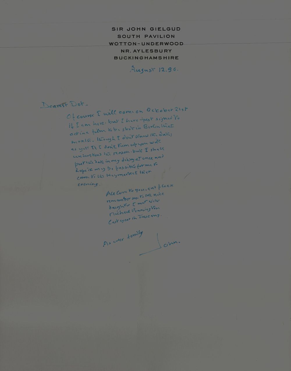 Lot 359: Sir John Gielgud handwritten correspondence letter signed John...