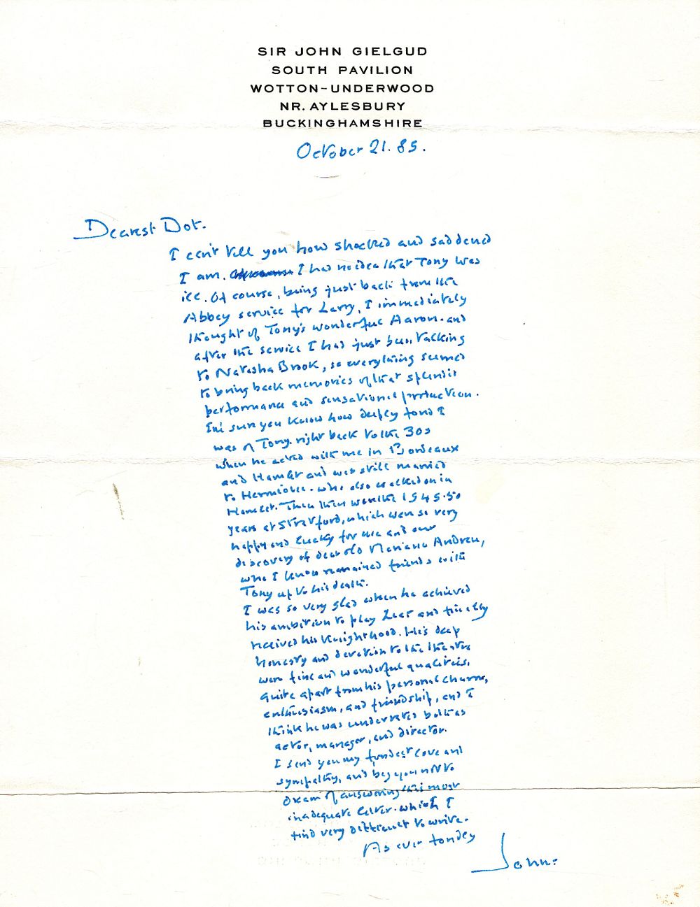 Lot 360: Sir John Gielgud handwritten correspondence letter signed John...