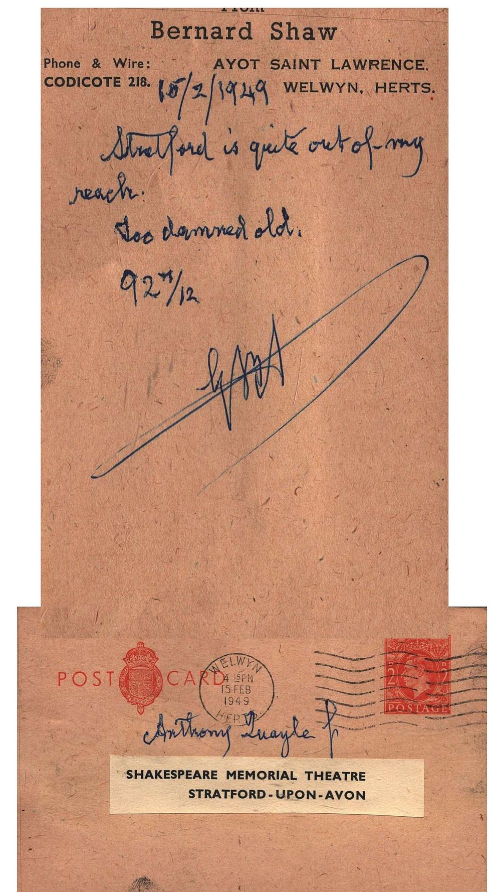 Lot 365: George Bernard Shaw signed postcard dated 15/2/1949 To...