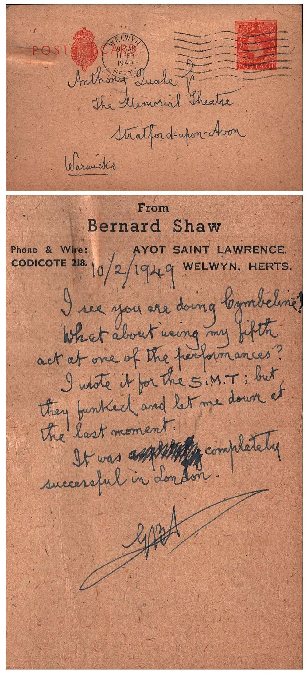 Lot 366: George Bernard Shaw signed postcard dated 10/2/1949 To...