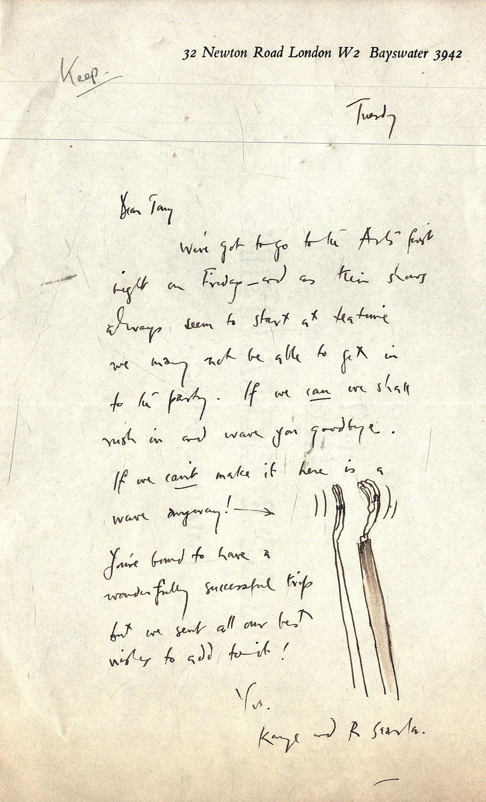 Lot 369: Ronald Searle signed handwritten letter. (Sketch of clapping...