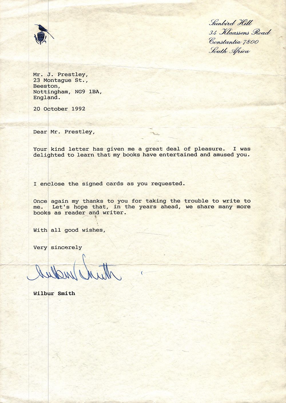 Lot 375: Wilbur Smith TLS dated 20/10/1992. Good condition. All...
