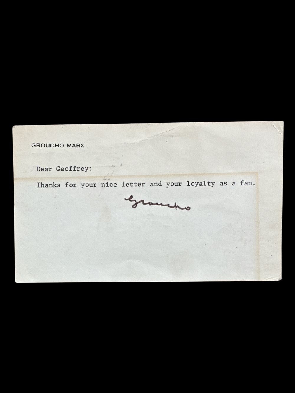 Lot 398: Groucho Marx signed postcard. Stamped on reverse side...