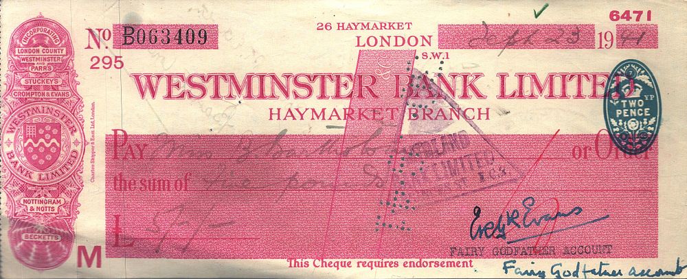 Lot 429: Admiral Edward Evans signed cheque. Antarctic explorer on...