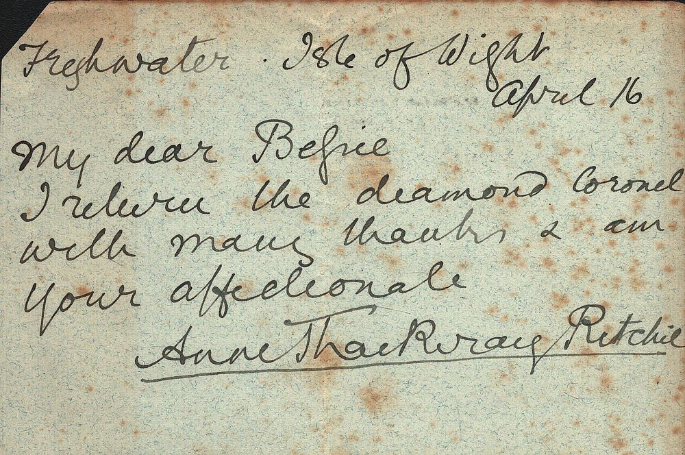Lot 501: Anne Thackeray Ritchie signed note. Novelist Good condition....