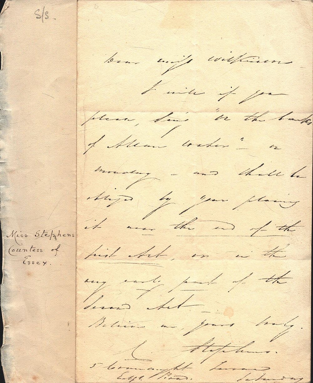 Lot 502: Catherine Stephens - Countess of Esses signed letter....