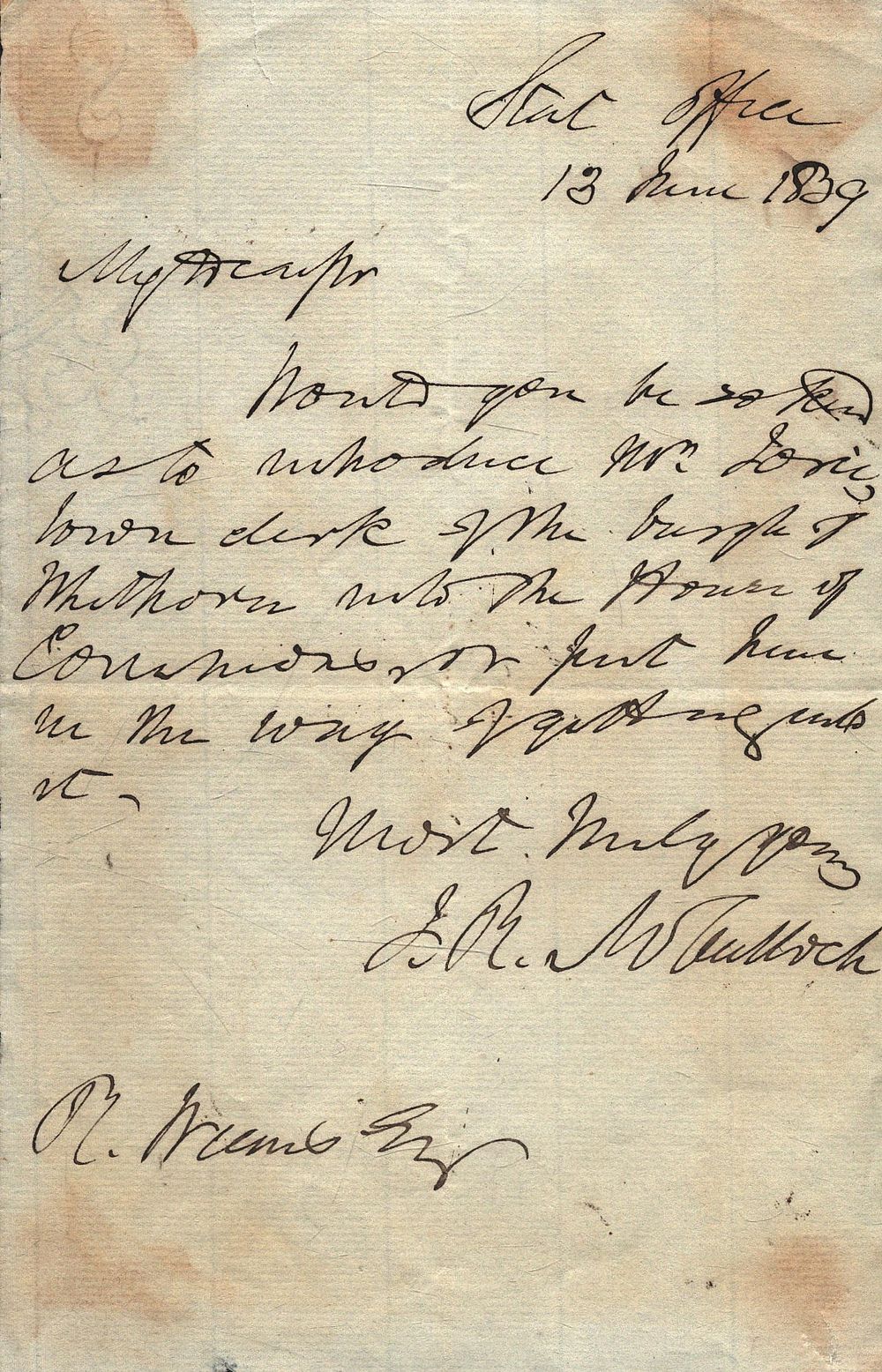 Lot 504: James Ramsey McCulloch signed 1839 letter. Scottish economist....