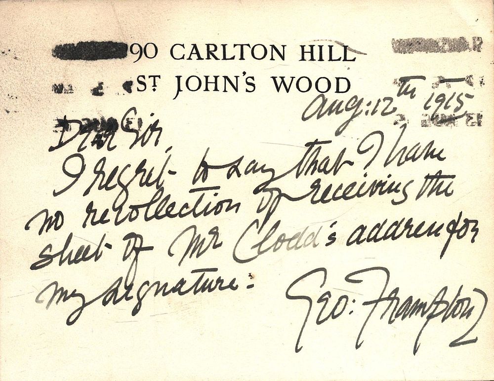 Lot 510: Sir George James Frampton signed 1915 card. Sculptor....