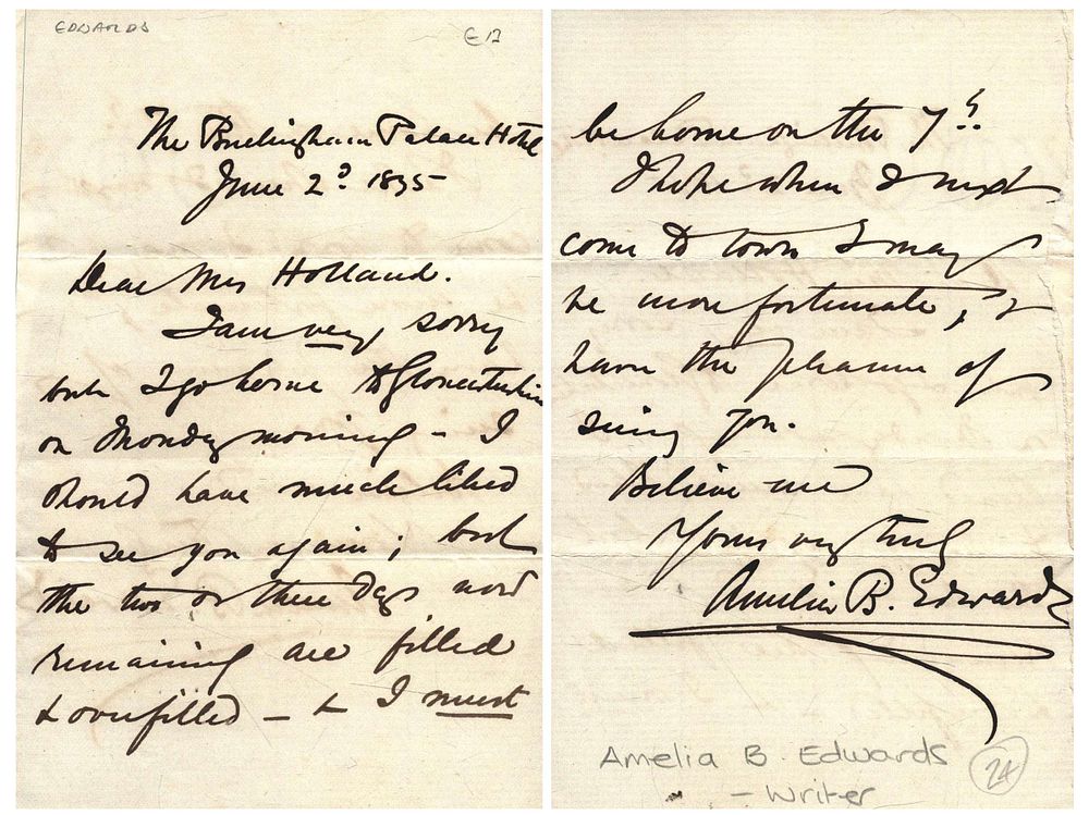 Lot 520: Amelia B Edwards signed 1875 letter. Novelist Good...