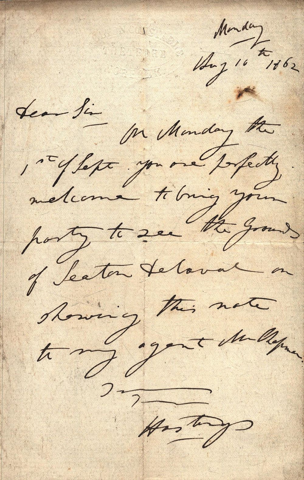 Lot 524: Bernard Edward Delaval Astley signed 1862 letter. 19th...