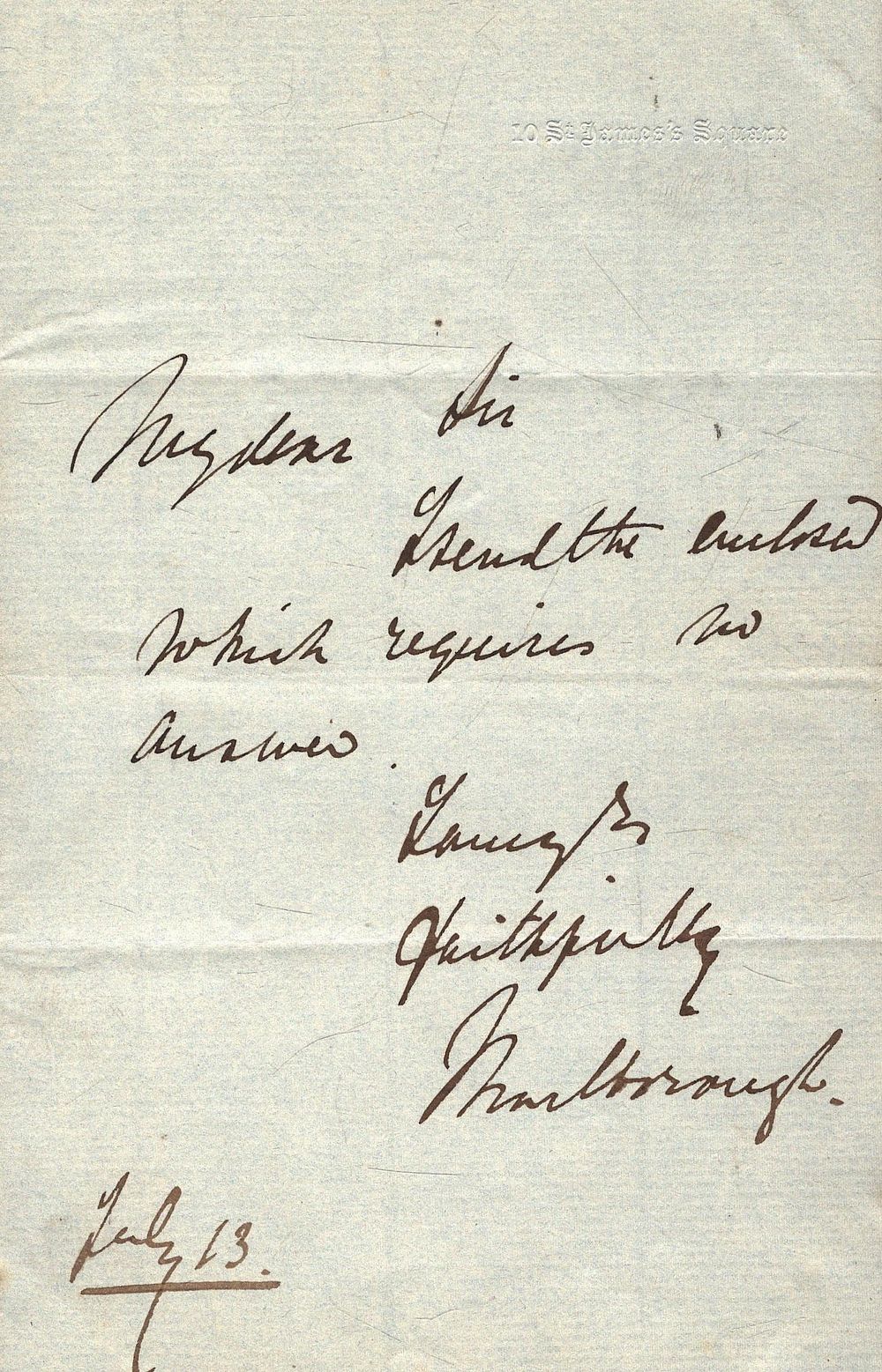 Lot 525: Duke of Marlborough signed note. Good condition. All...