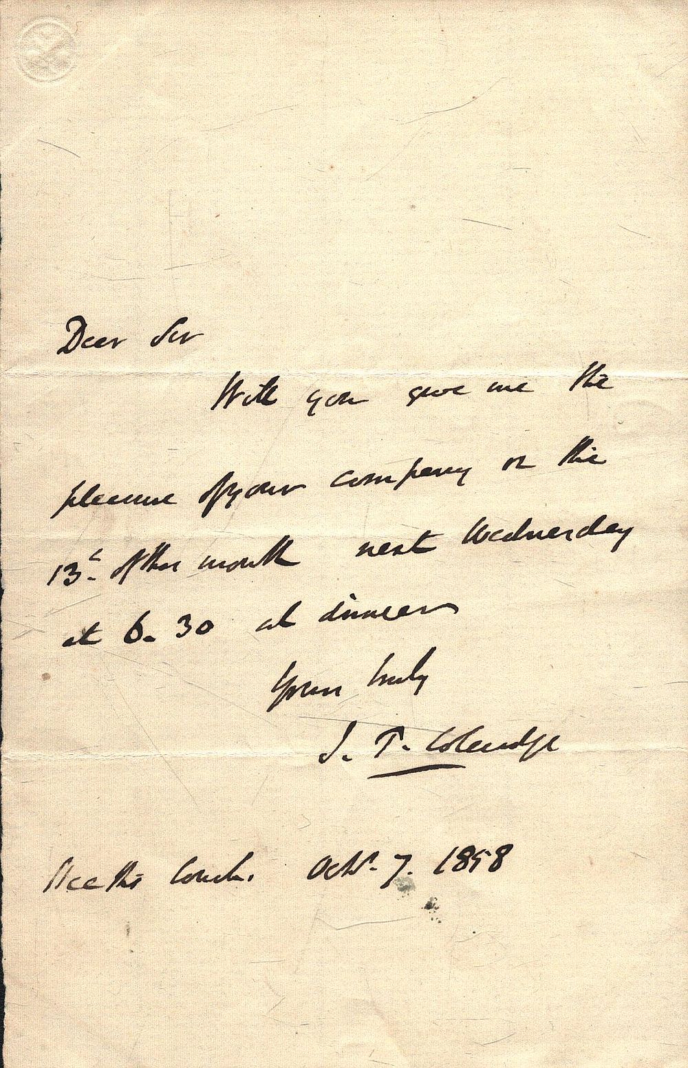 Lot 528: J T Coleridge signed 1858 letter. English judge....