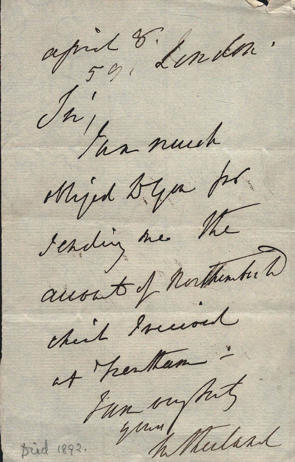 Lot 530: Duke of Sutherland signed 1859 letter. Good condition....