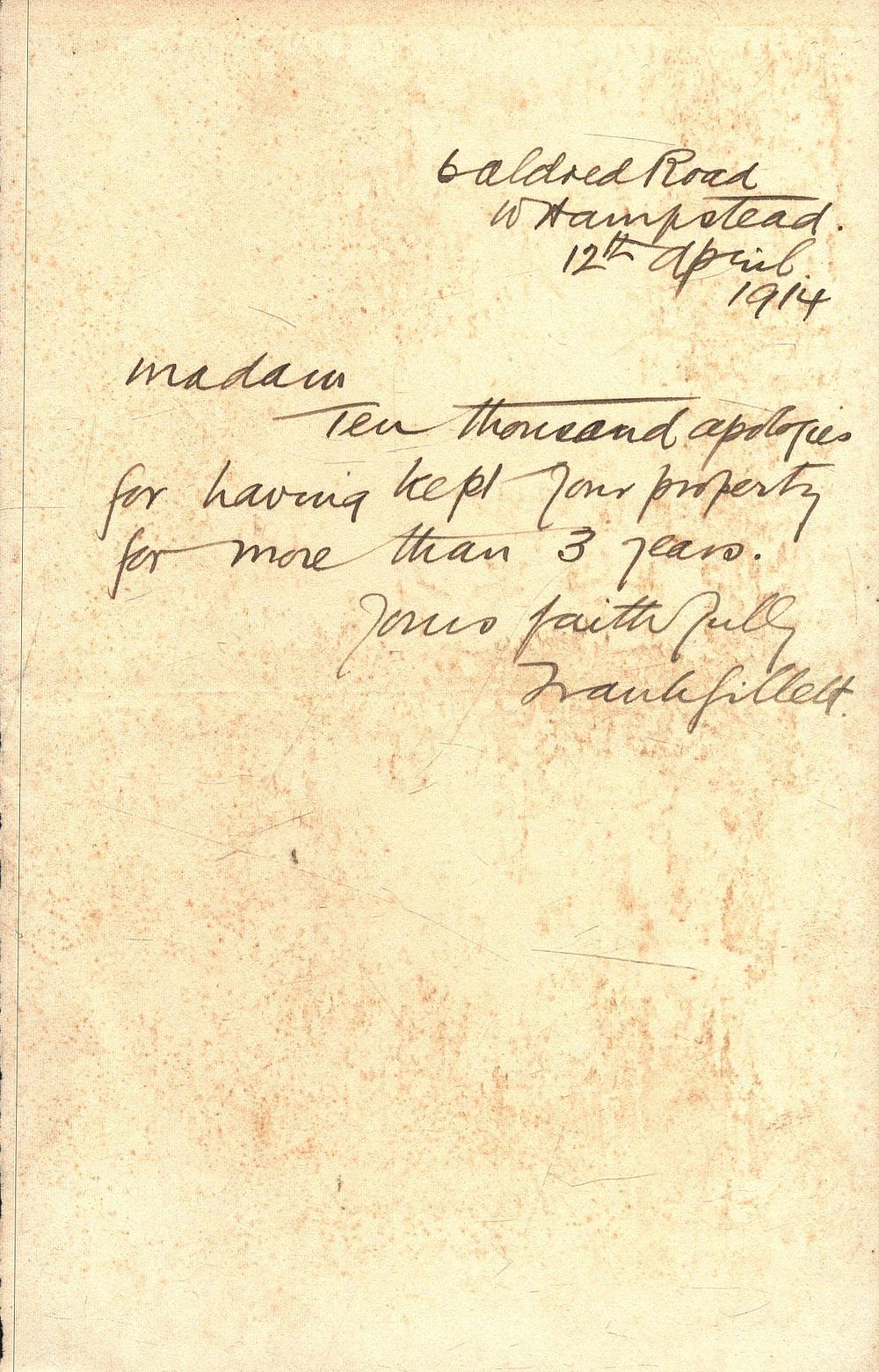 Lot 531: Frank Gillett signed 1914 letter. Artist Good condition....
