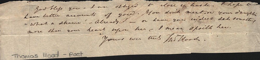 Lot 533: Thomas Hood signed letter. Part of letter included....