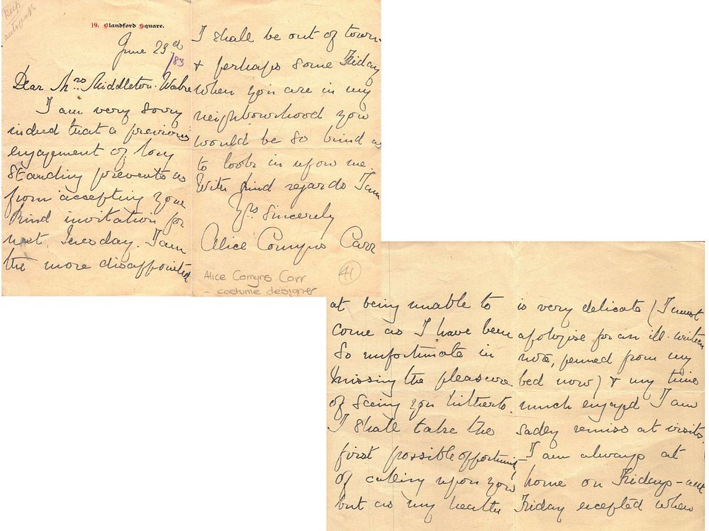 Lot 537: Alice Comyns Carr signed 1883 letter. Costume designer....
