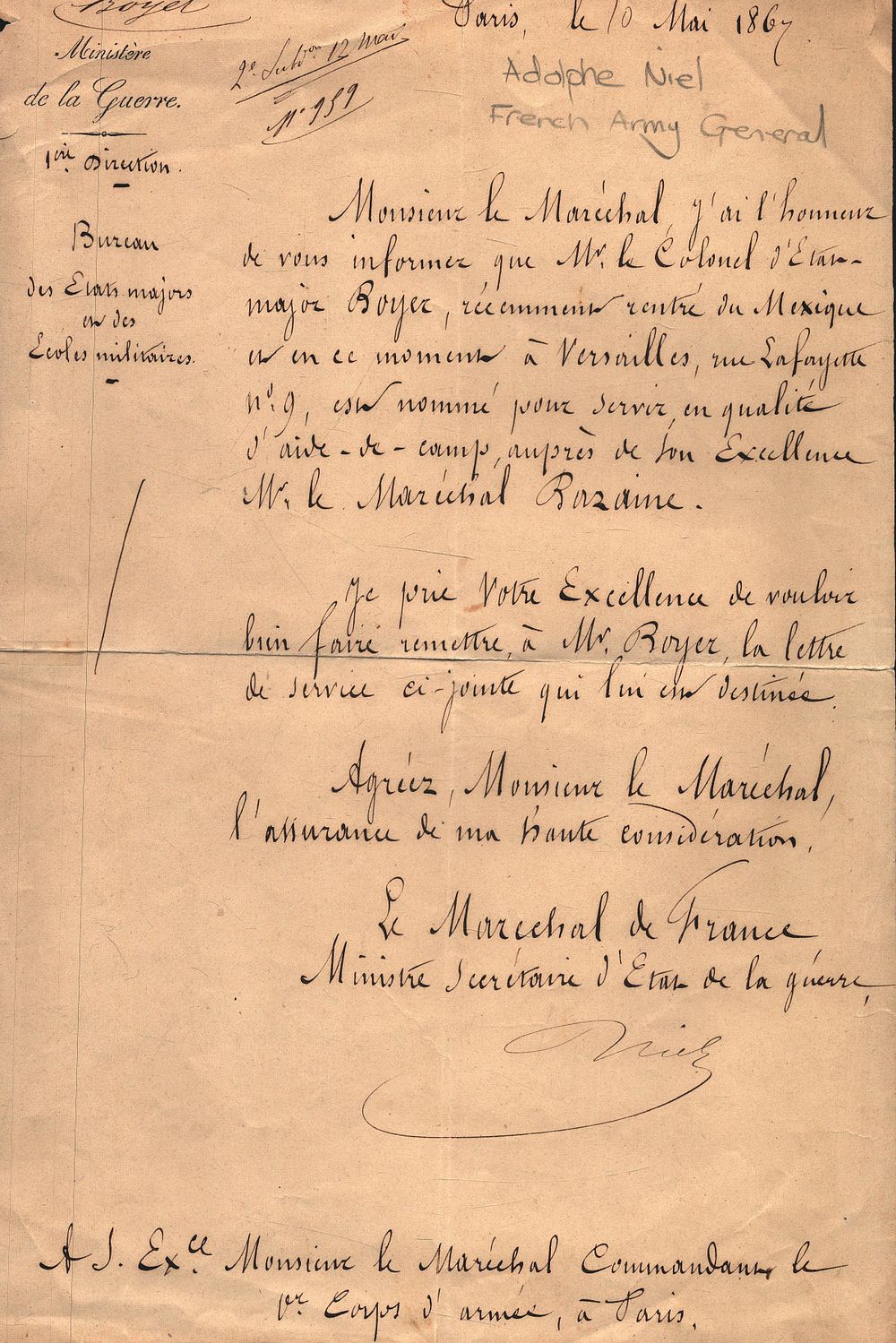 Lot 538: Adolphe Niel signed 1867 letter. French army general....
