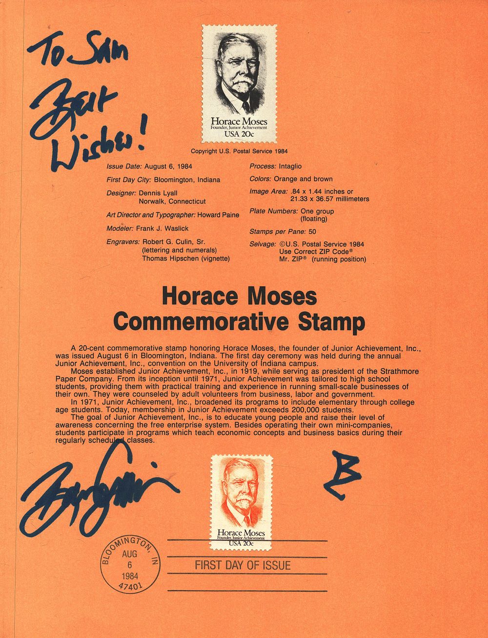 Lot 851: Barry Corbin signed Horace Moses commemorative stamp sheet....