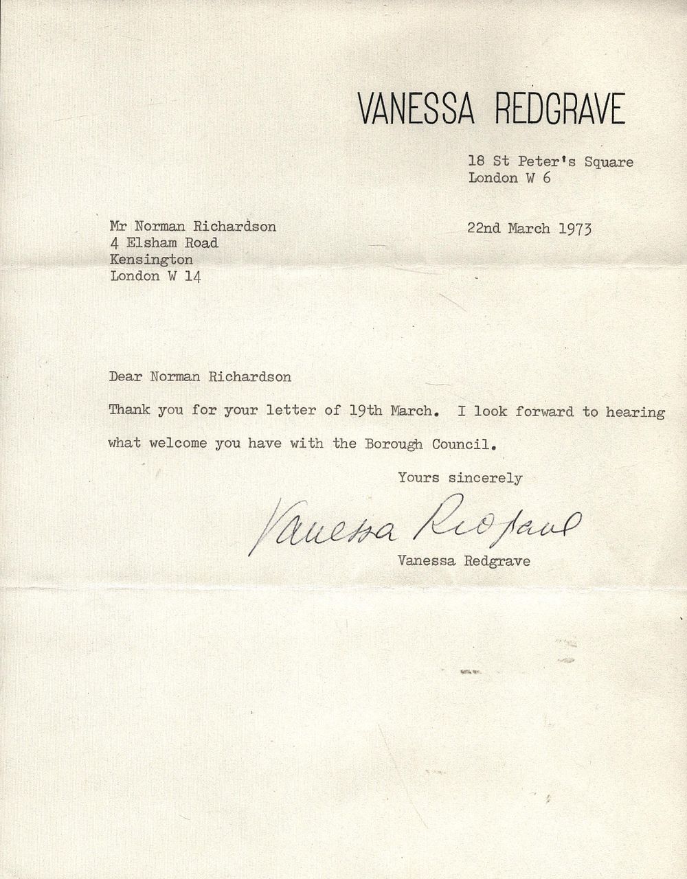 Lot 201: Vanessa Redgrave TLS dated 22/3/1973.