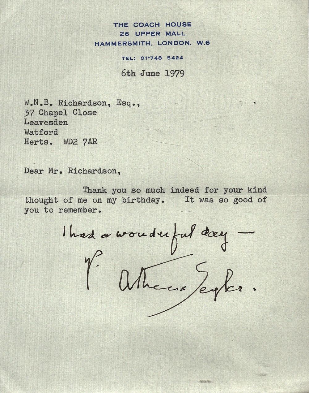 Lot 213: Athene Seyler TLS dated 6/6/1979.