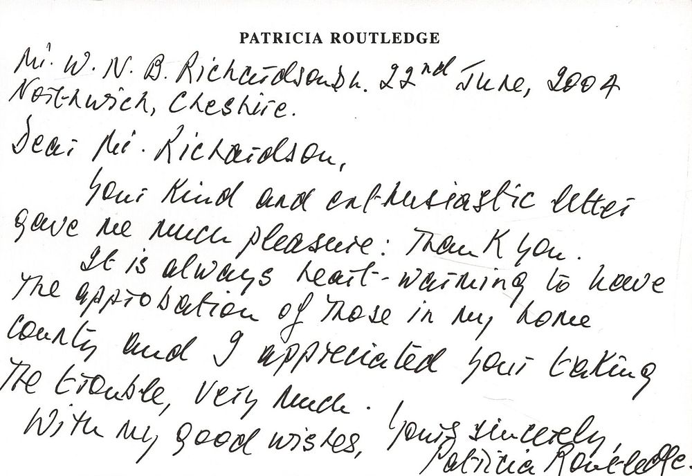 Lot 215: Patricia Routledge signed note.