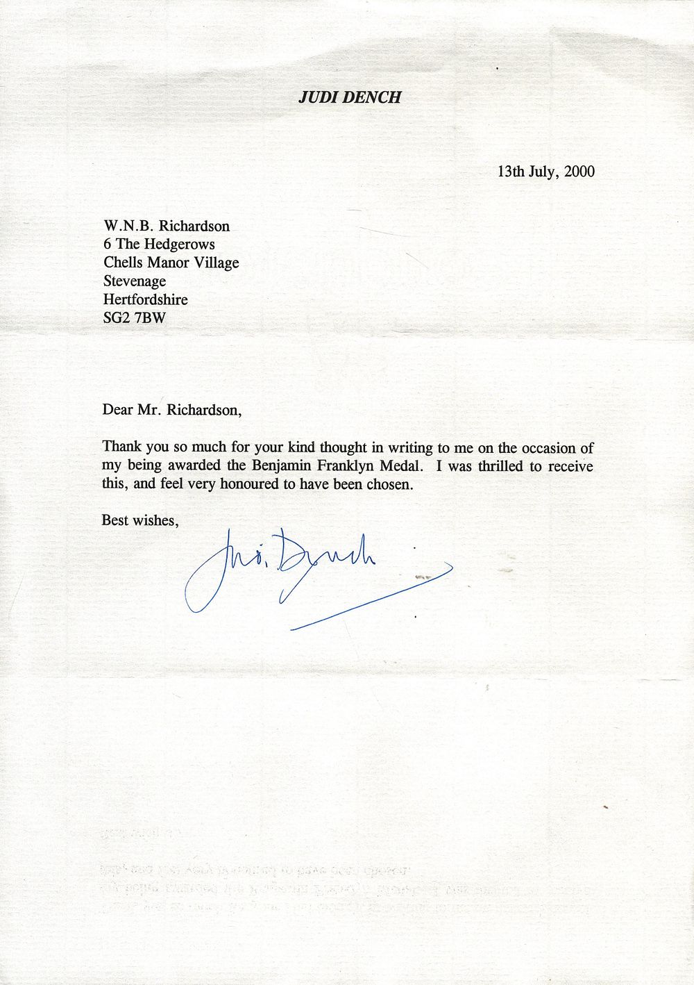 Lot 219: Judi Dench TLS dated 13/7/2000.