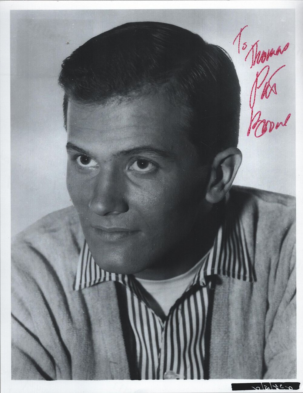 Lot 228: Pat Boone signed 10x8inch black and white photo....
