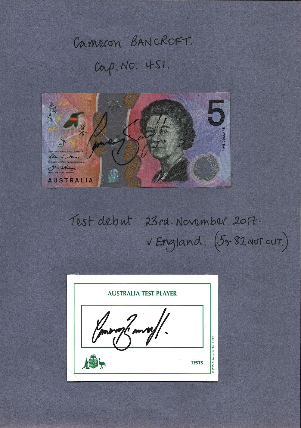 Lot 424: Cameron Bancroft signed Five Australian Dollar currency note...