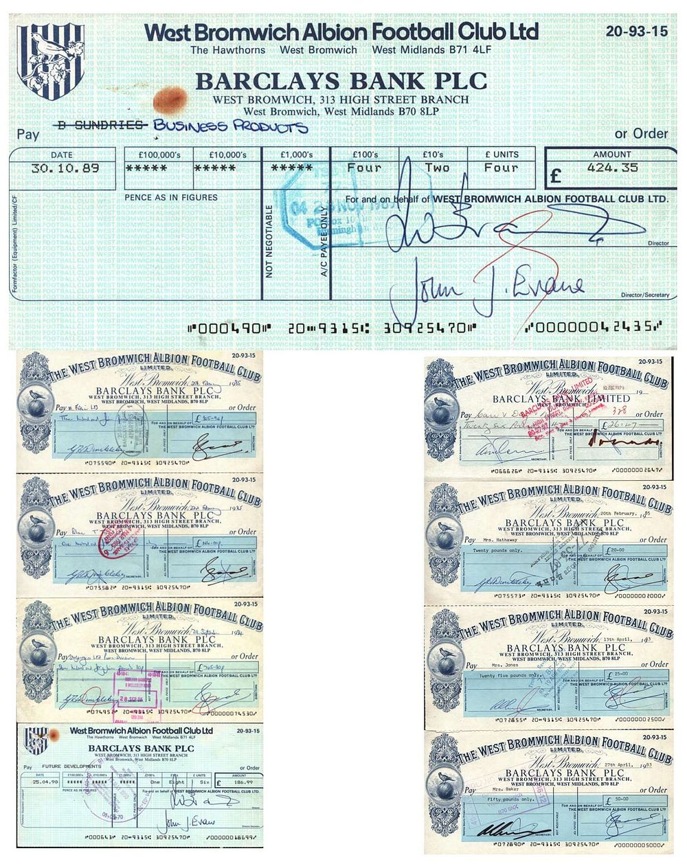 Lot 436: West Bromwich Albion Football 9 Cheques from the...