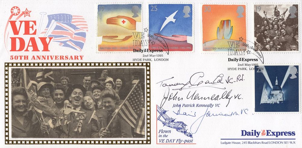 Lot 595: Victoria Cross, Benham VE-Day FDC signed by 3...