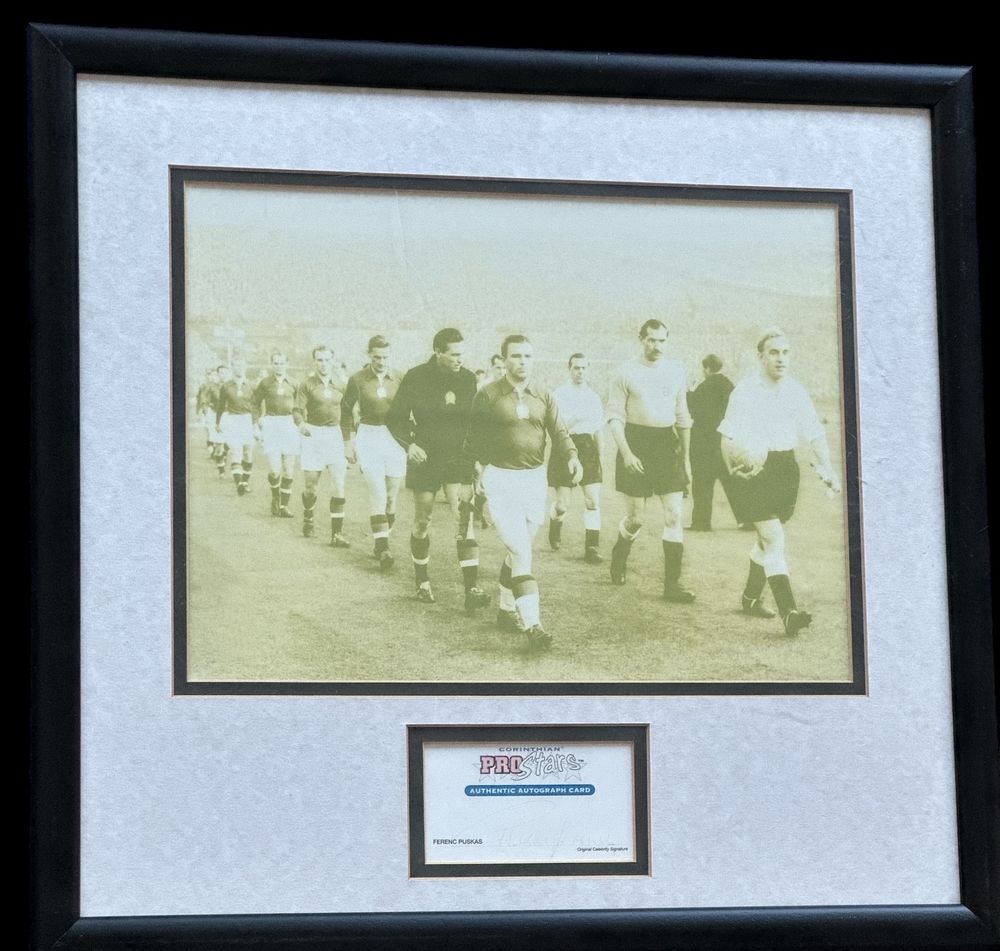Lot 165: Ferenc Puskas signed 16x15inch mounted signature display includes...