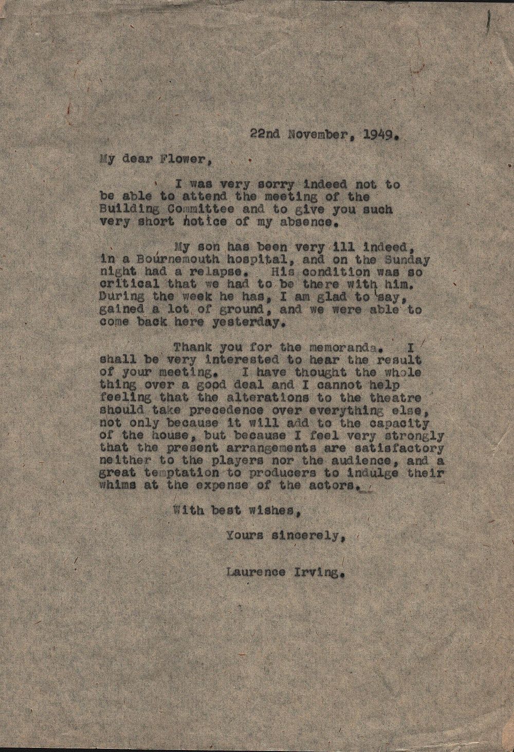 Lot 198: Laurence Irving Typed Letter To My Dear Flower...