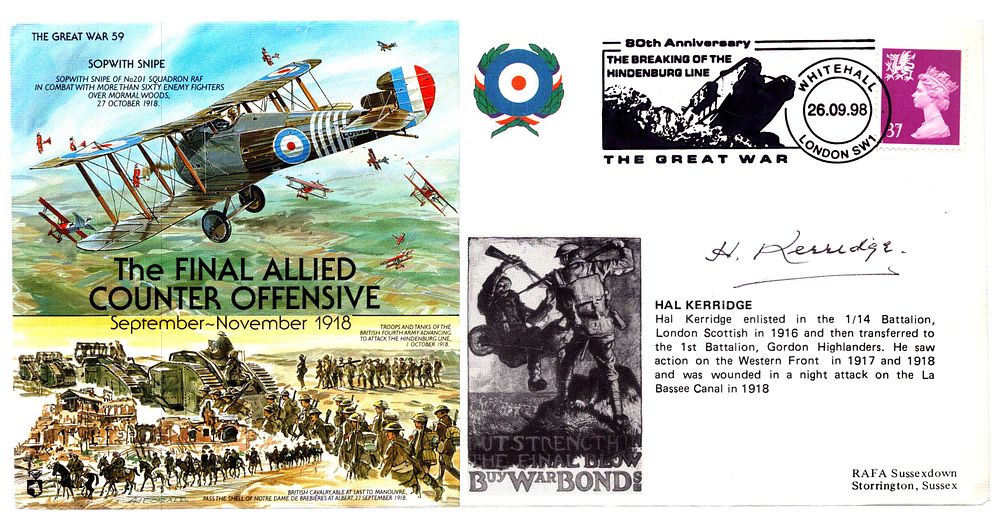 Lot 229: WW1 Hal Kerridge Signed FDC, The Great War...