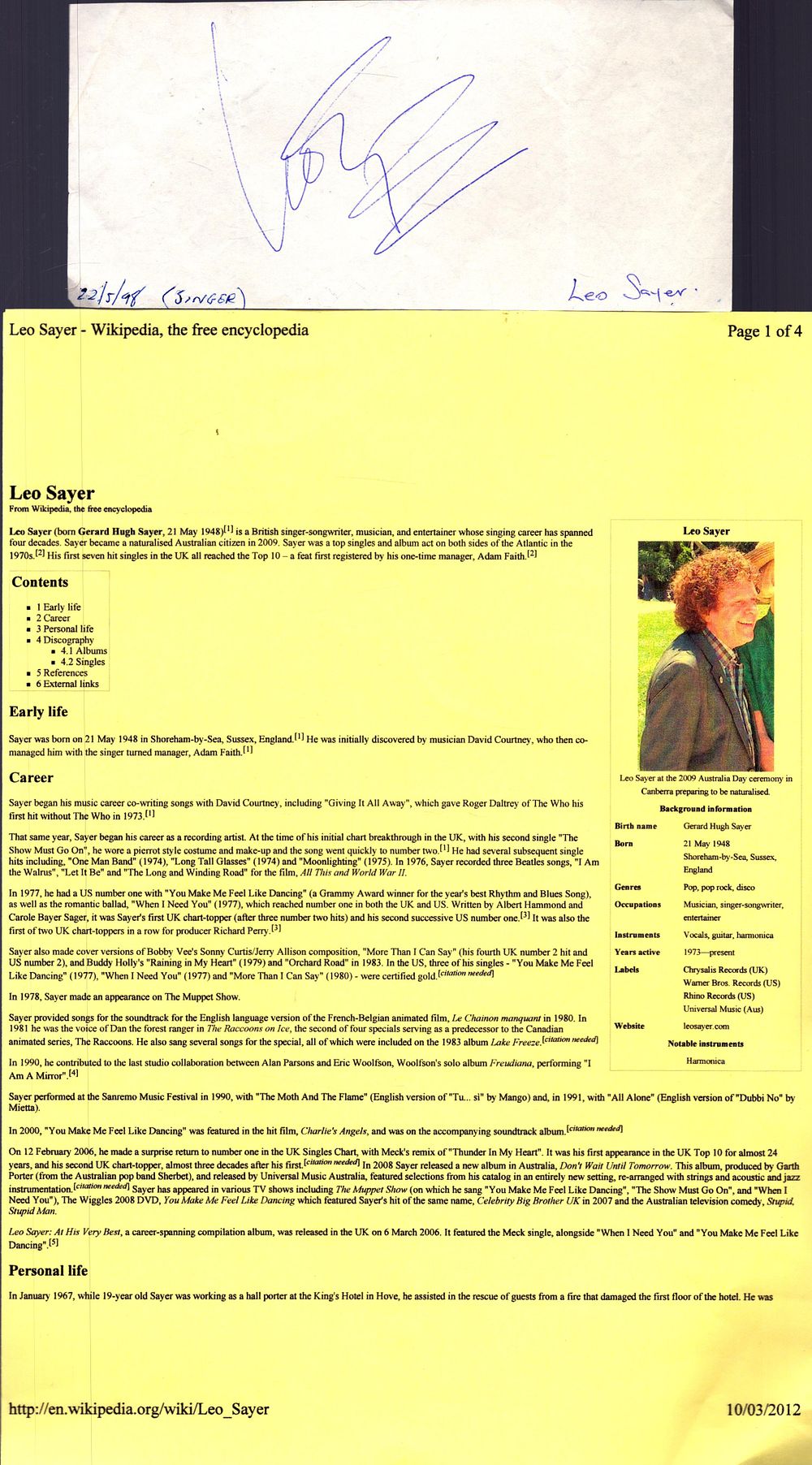 Lot 232: Leo Sayer singer signed approx 6x3, signature card...