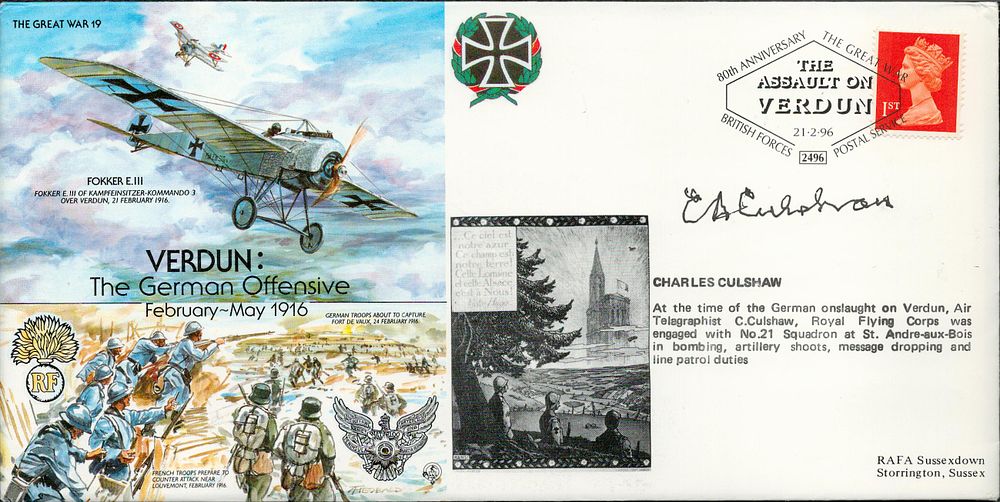 Lot 312: WWI CHARLES CULSHAM SIGNED FDC FOKKER EIII THE...