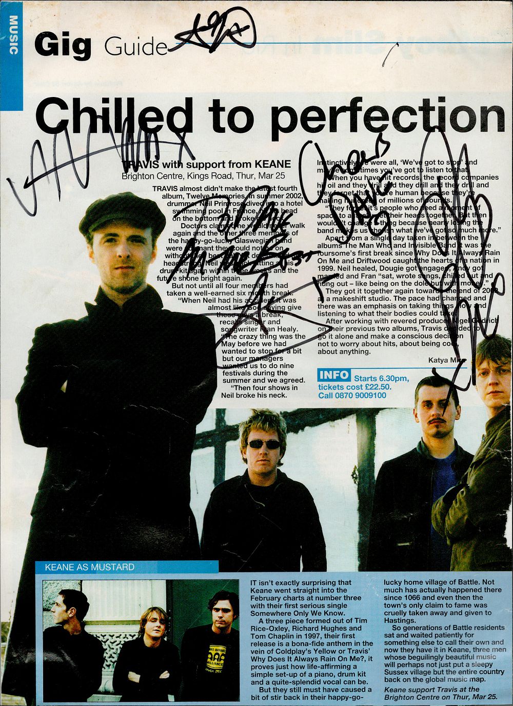Lot 339: 11X8 TRAVIS scottish rock band multiple signed gig...
