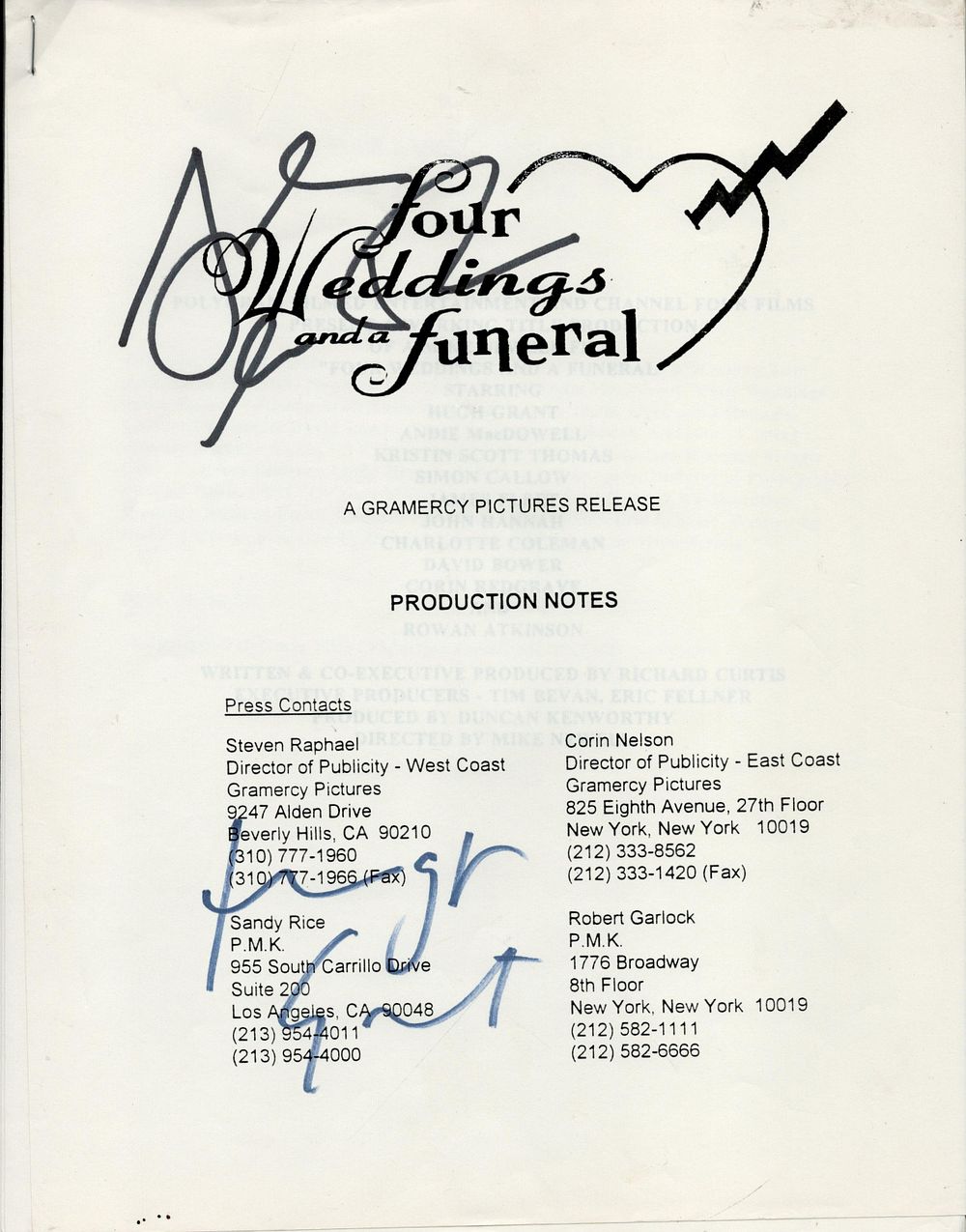 Lot 341: 12x8 Four Weddings and a Funeral Production Notes,...