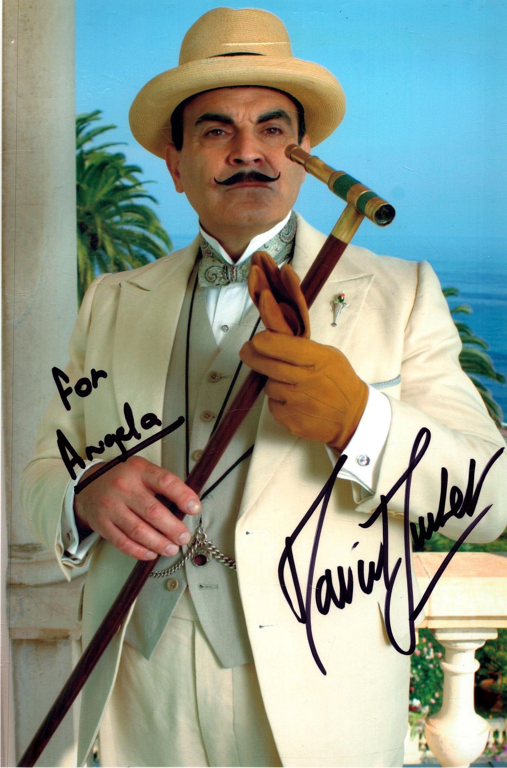 Lot 378: David Suchet signed 12x8inch Poirot colour photo. Dedicated.