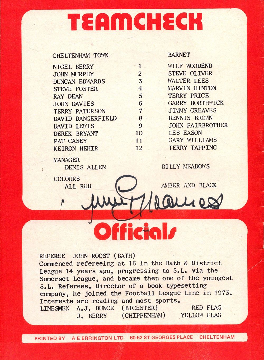 Lot 152: JIMMY GREAVES (1940-2006) signed 1978 Programme Cheltenham Town...