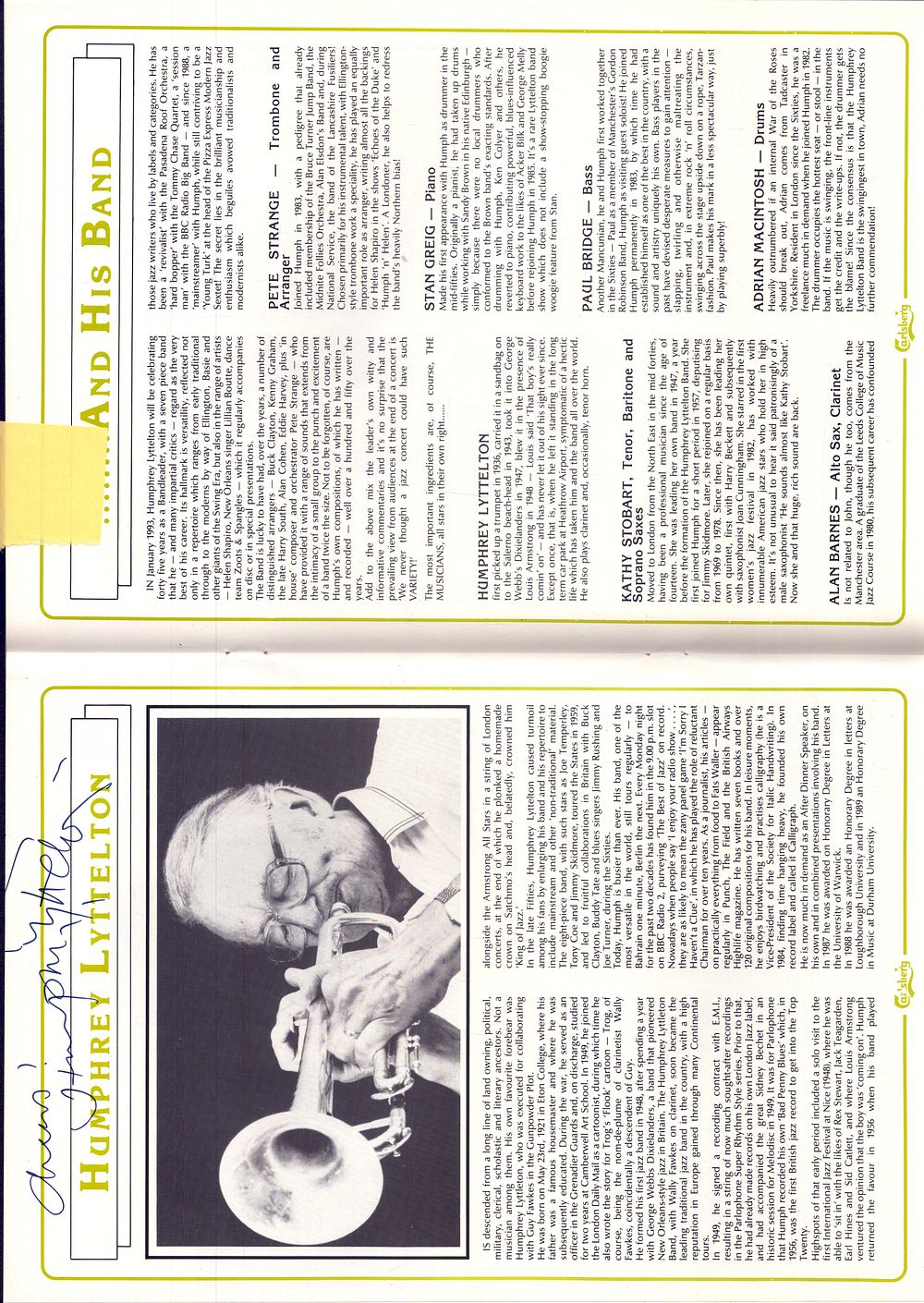 Lot 187: HUMPHREY LITTELTON (1921-2008) signed inside 1991 Tour Programme...