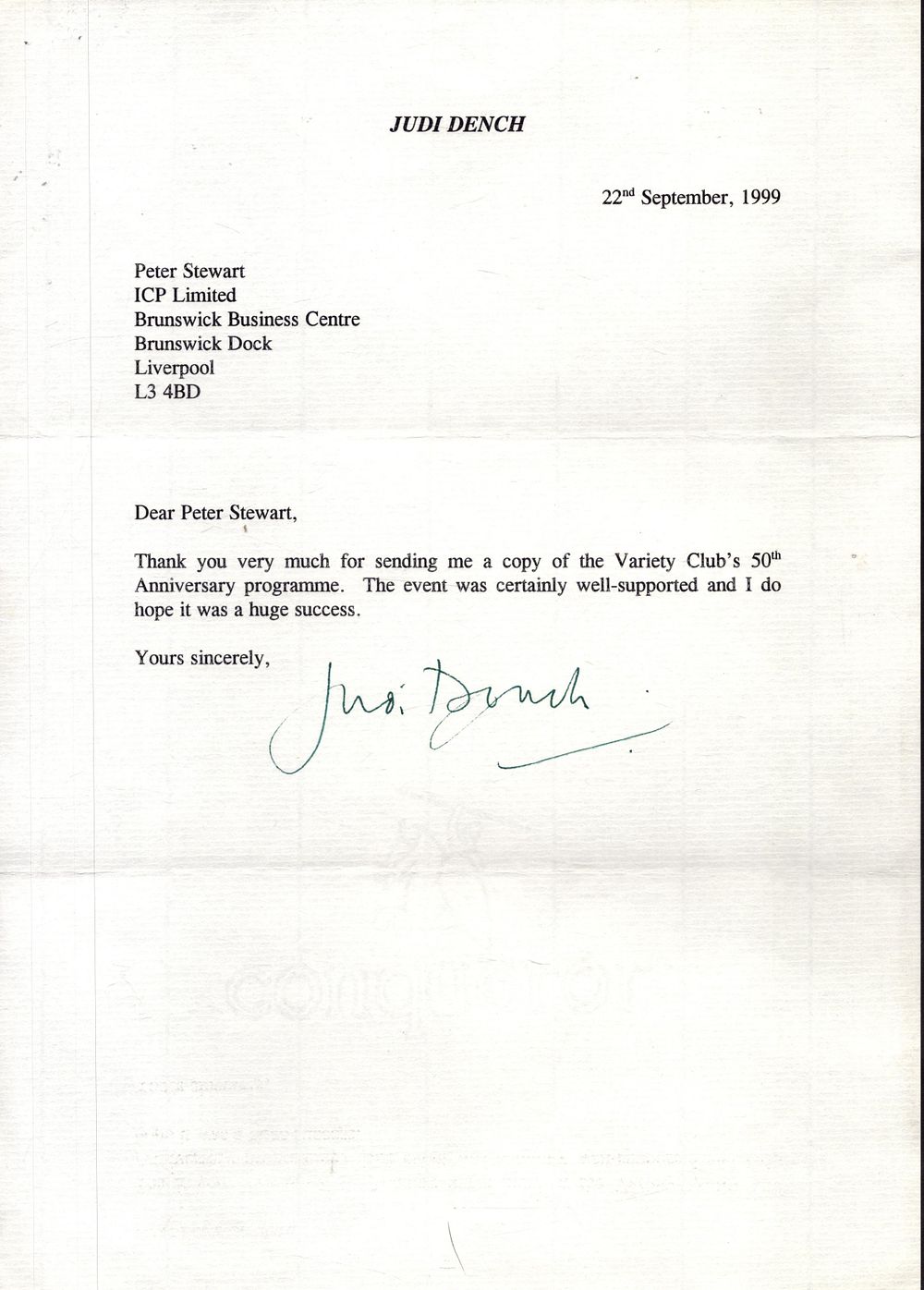 Lot 415: Judi Dench, signed corresponding letter, A4. Good condition....