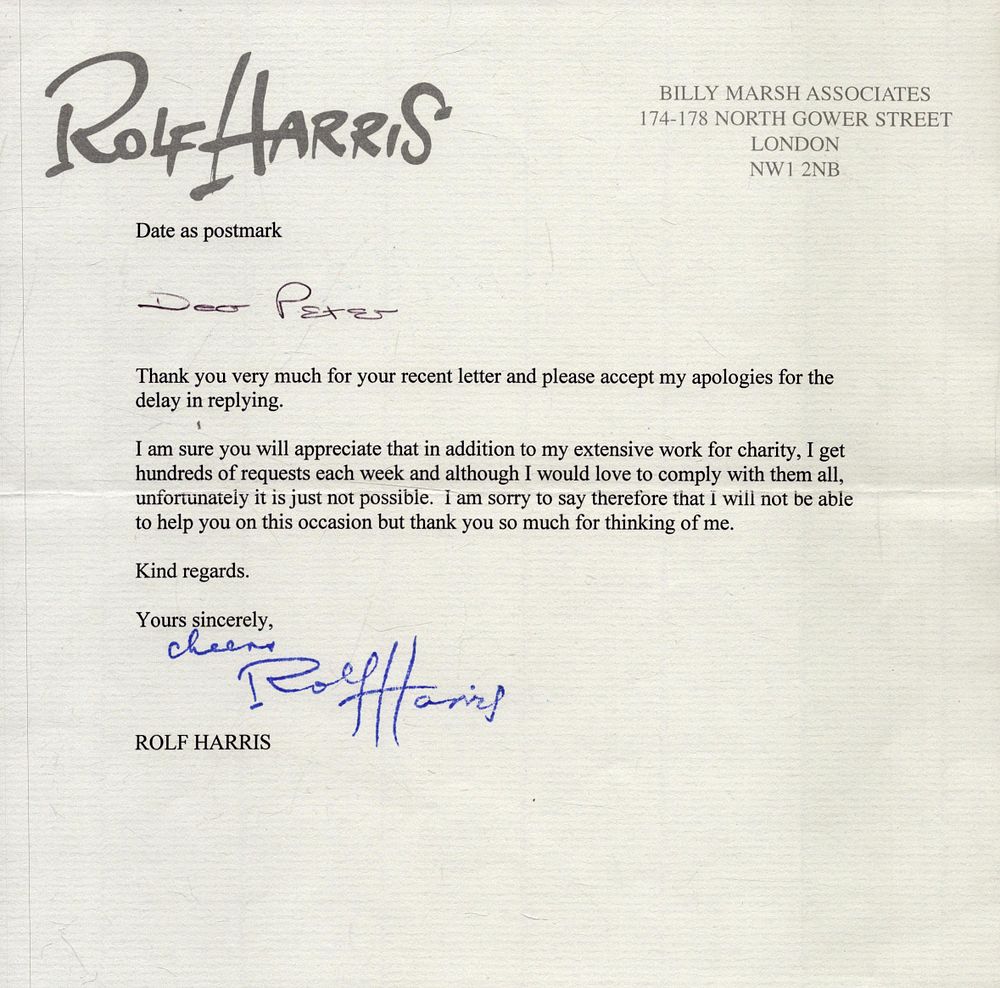 Lot 416: Rolf Harris, signed corresponding letter, 8x8. Good condition....