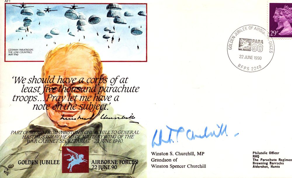 Lot 571: Winston S Churchill (grandson) signed cover. Good condition....