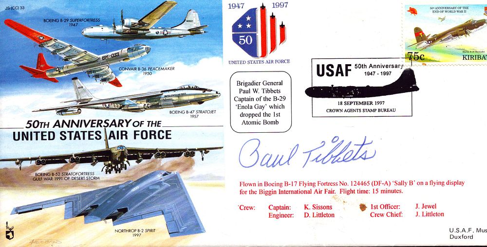 Lot 576: Paul Tibbets signed cover. Good condition. All autographs...