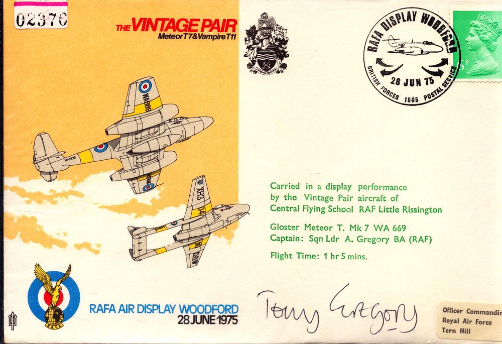 Lot 585: Sqd Ldr A Gregory signed cover. Good condition....
