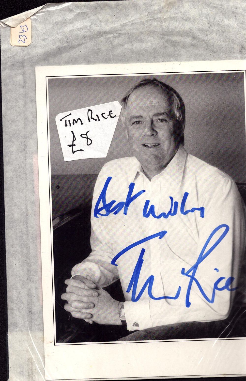 Lot 599: Tim Rice signed 6x4inch black and white photo....